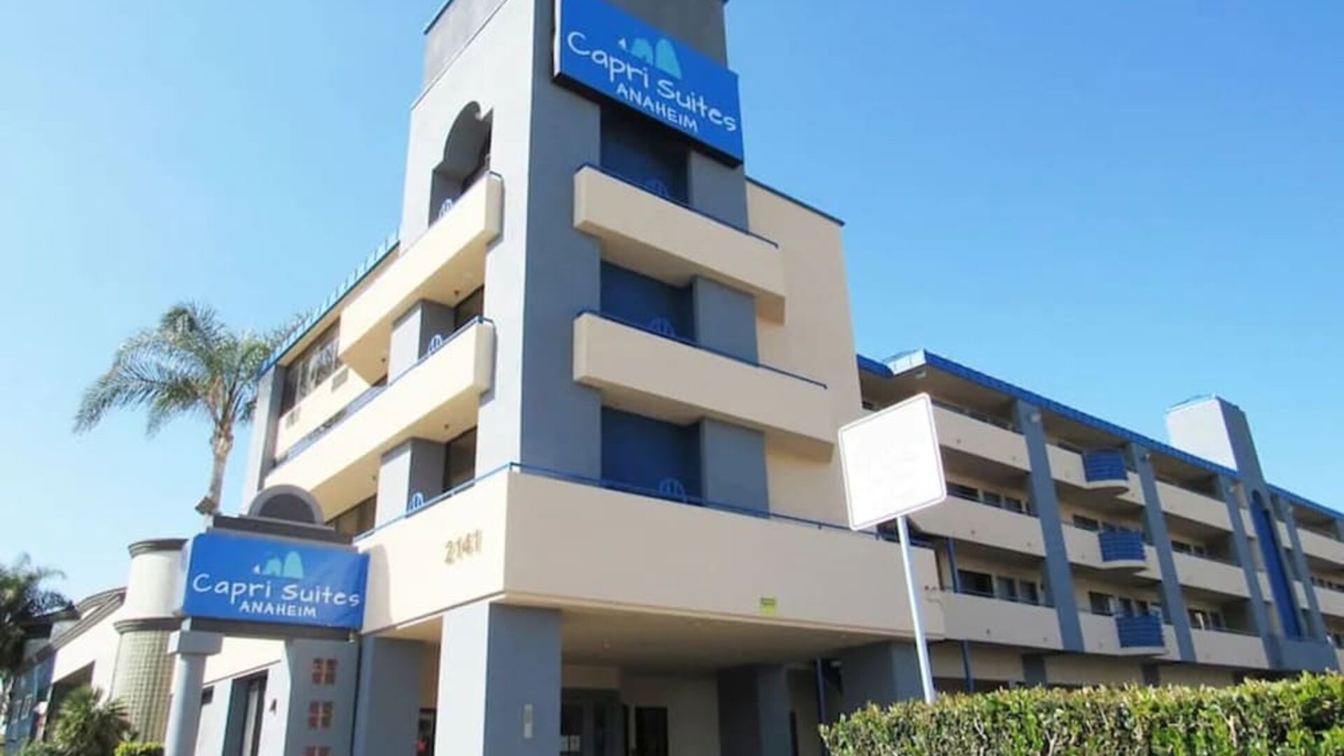 Hotel exterior at Capri Suites Anaheim.