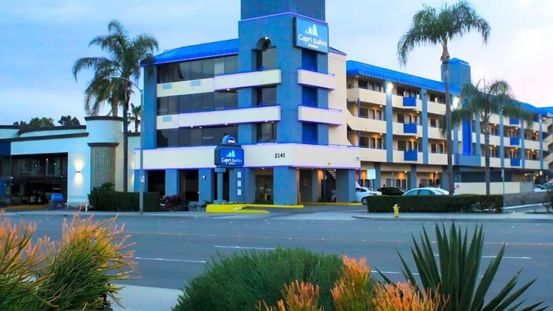 Hotel exterior at Capri Suites Anaheim.