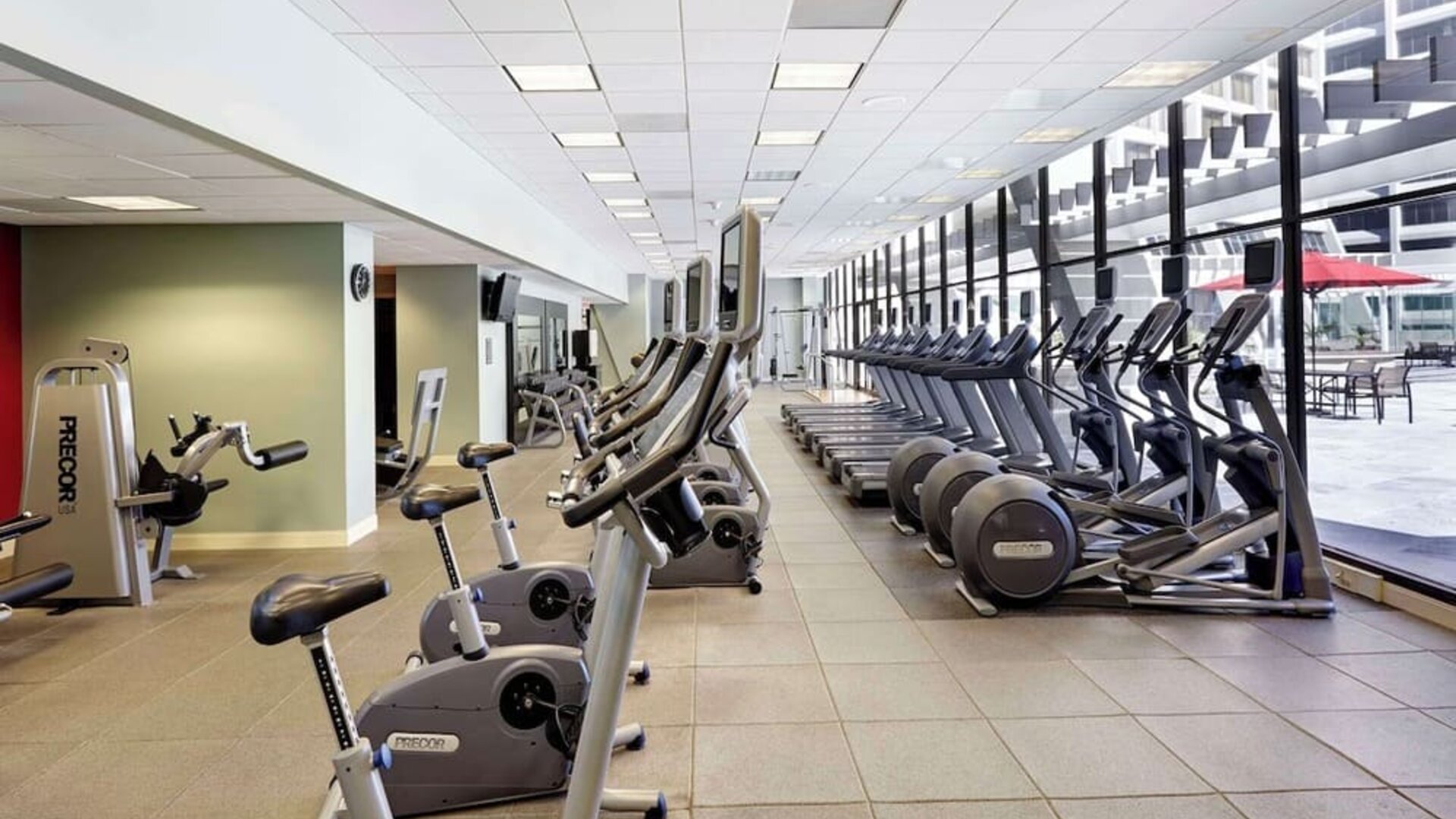 Well-equipped fitness center at Hilton Atlanta.