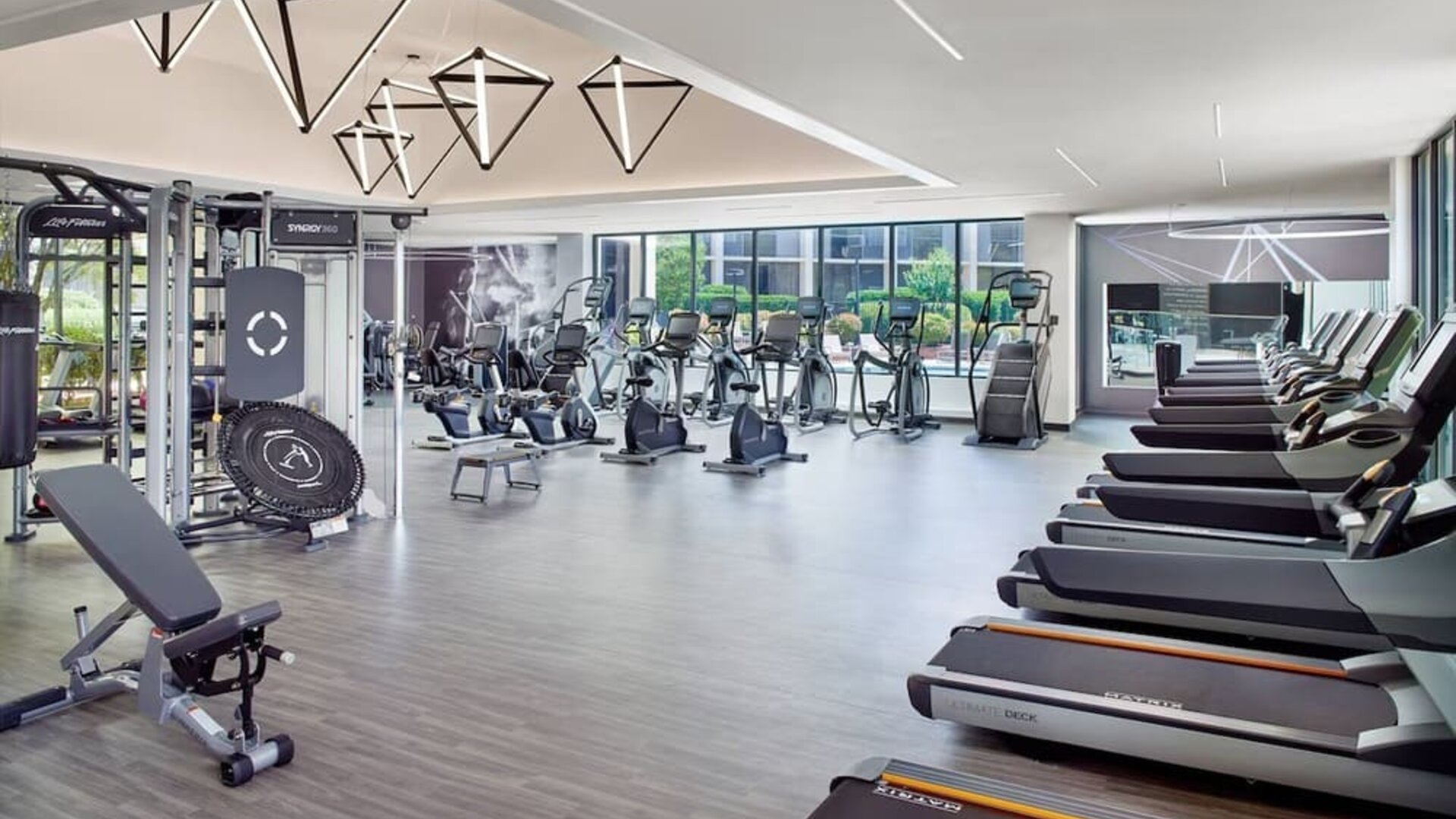 Fully equipped fitness center at Atlanta Marriott Northwest At Galleria.
