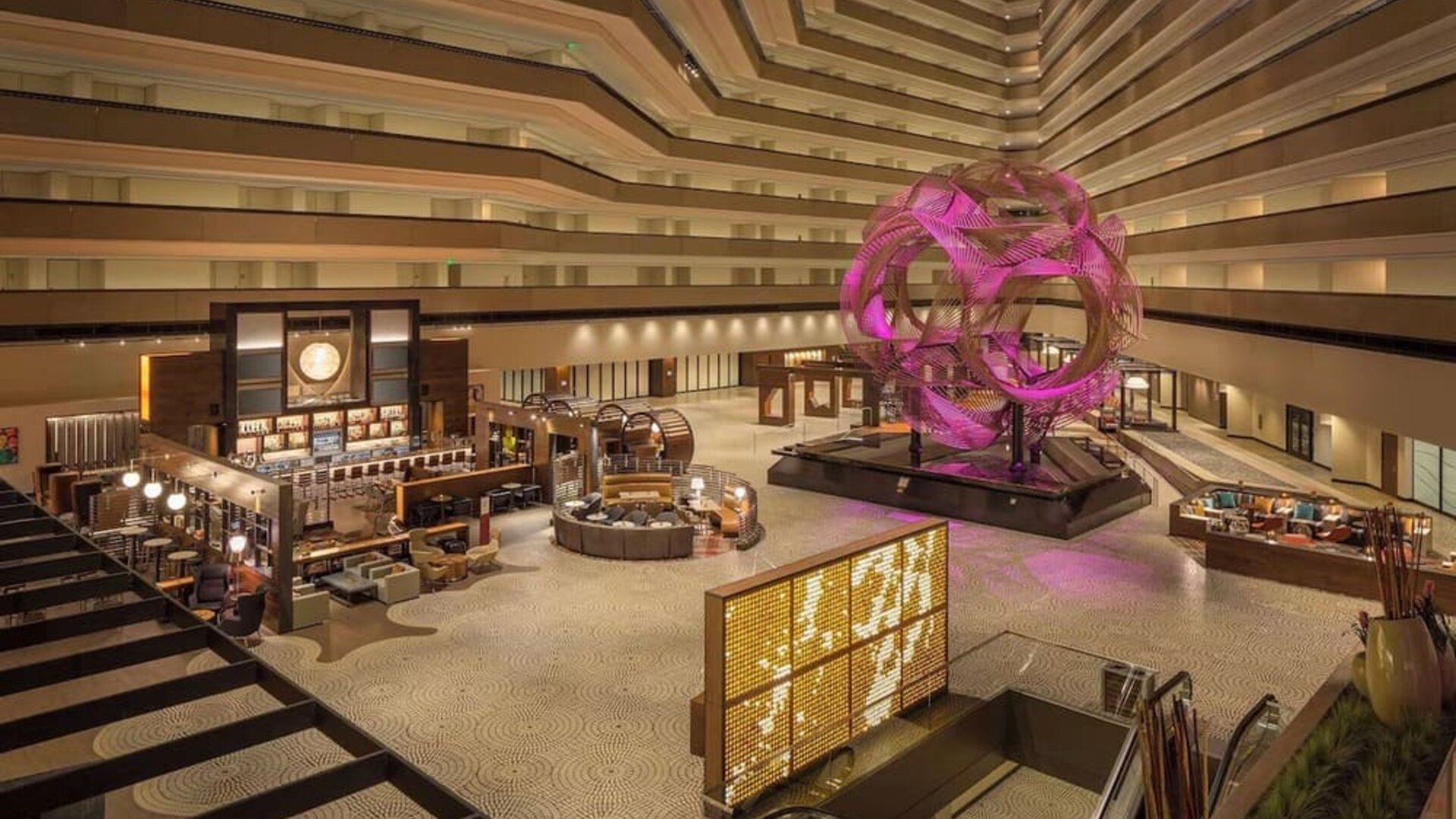 Stylish hotel atrium at Hyatt Regency San Francisco.