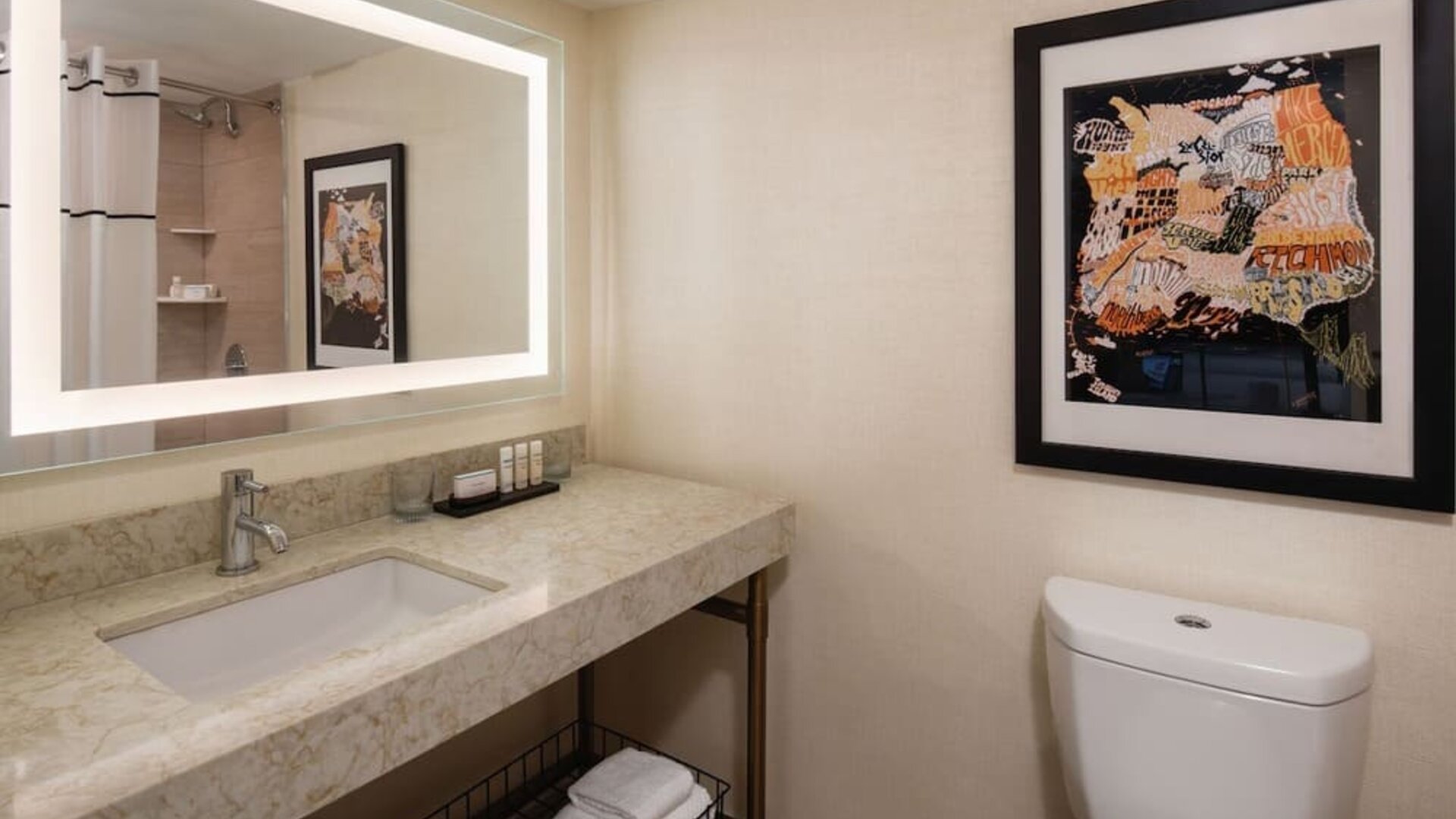 Guest bathroom with shower at Embassy Suites by Hilton San Francisco Airport.