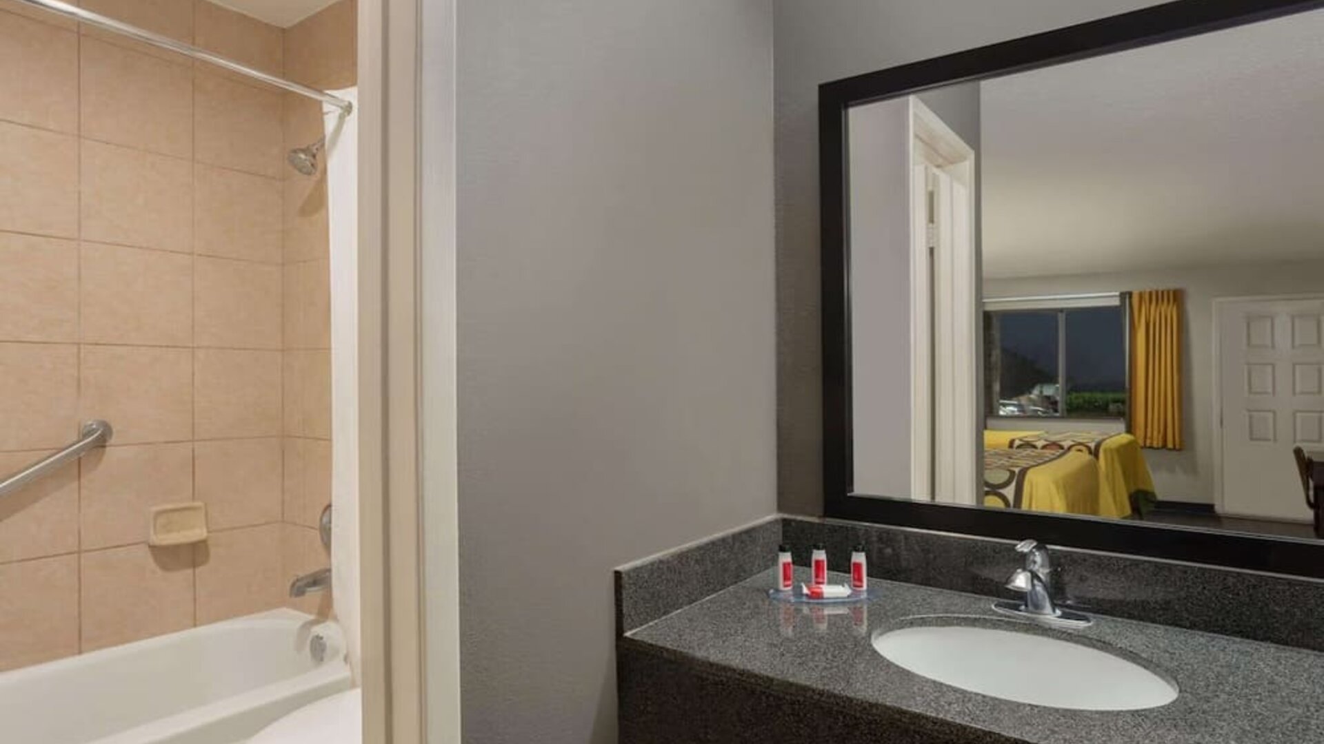 Guest bathroom at Super 8 By Wyndham Universal City.