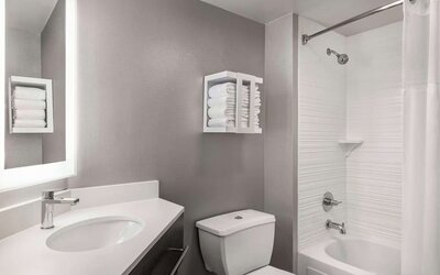 Private bathroom with combined shower and tub at Hampton Inn Chicago-O'Hare International Airport..