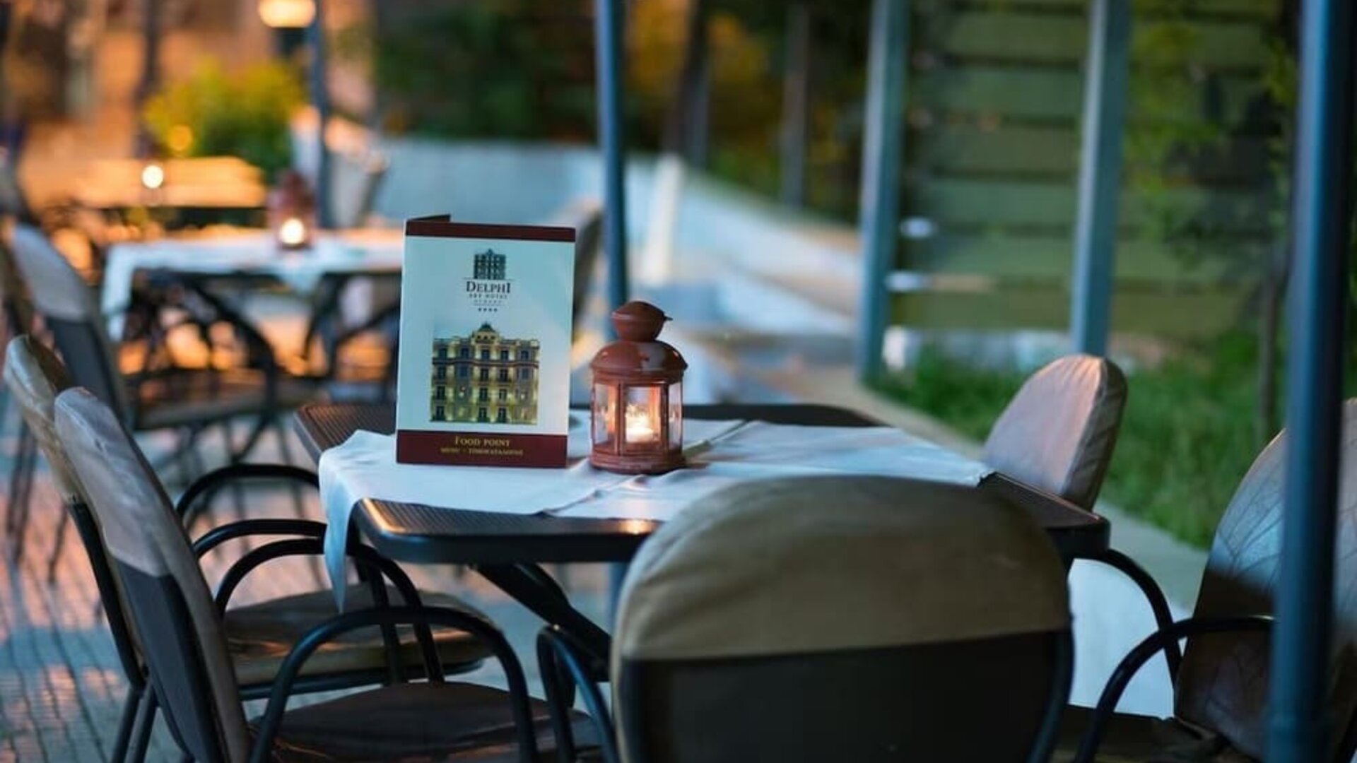 Outdoor terrace at Delphi Art Hotel.