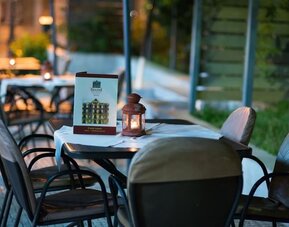 Outdoor terrace at Delphi Art Hotel.