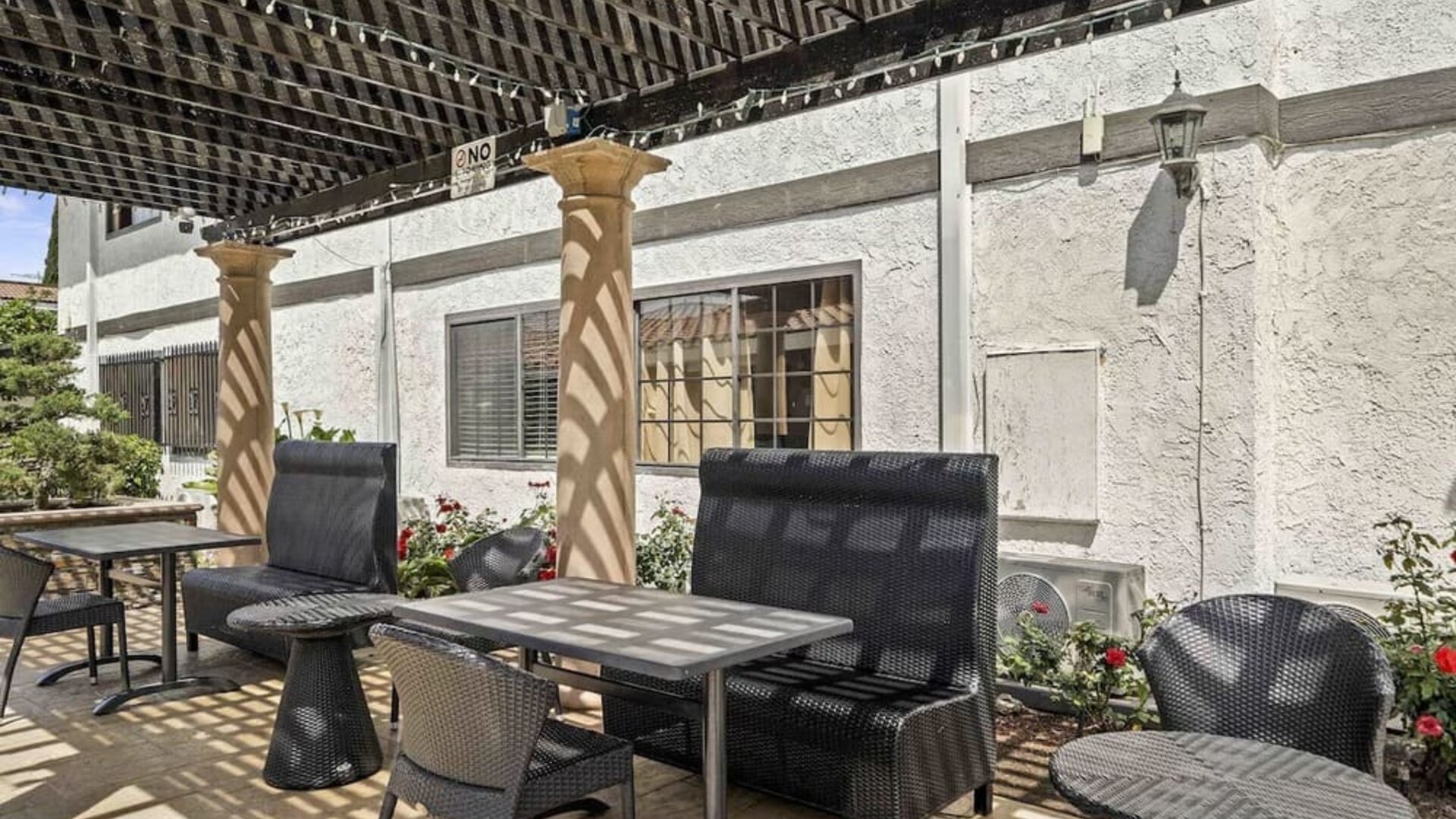 Outdoor terrace at Lemon Tree Hotel & Suites Anaheim.