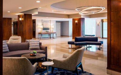 Lobby and coworking lounge at Boston Marriott Newton.