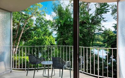 Seats in the balcony perfect for coworking at Boston Marriott Newton.