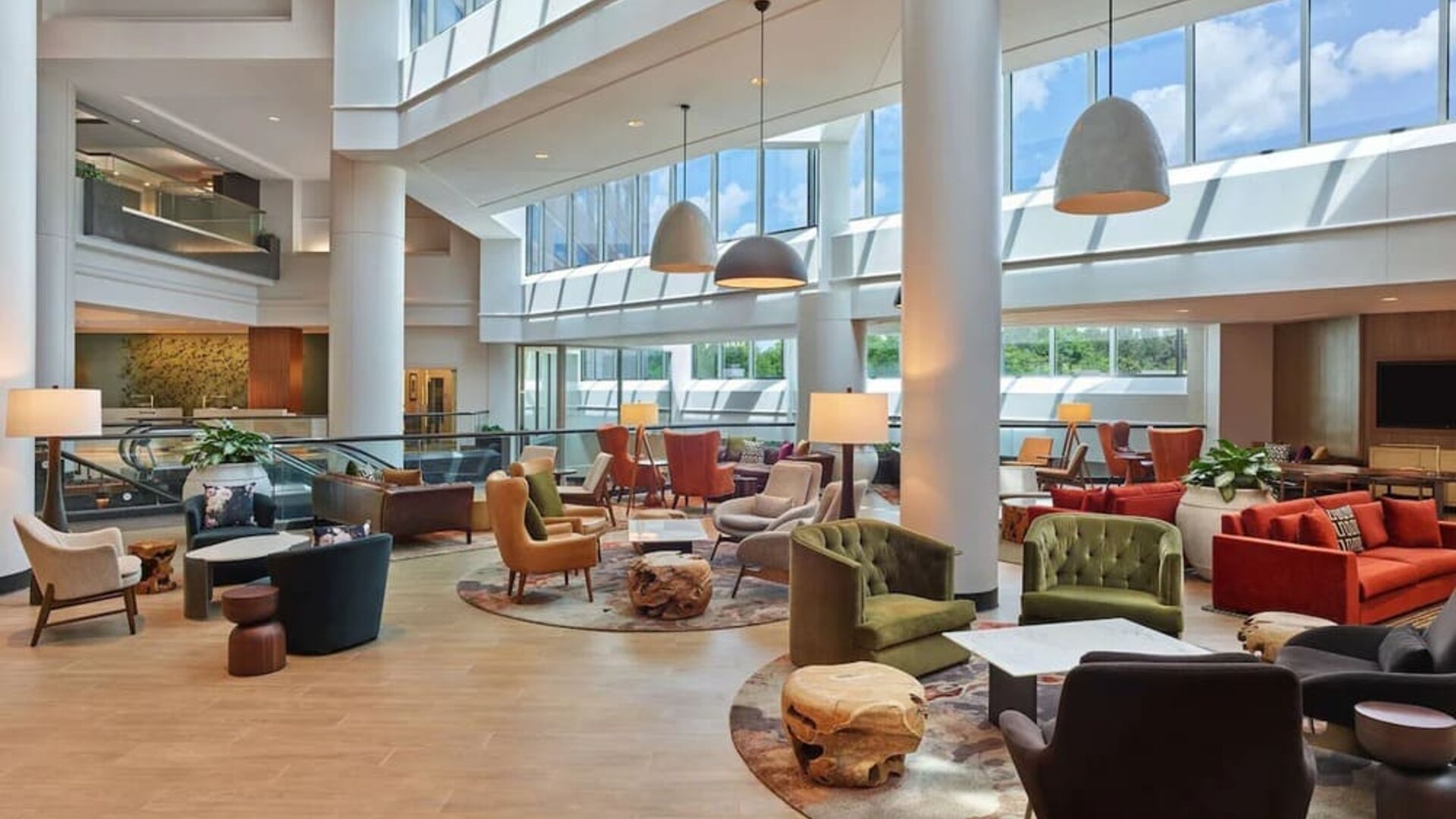 Coworking lounge at Hilton Atlanta Airport.