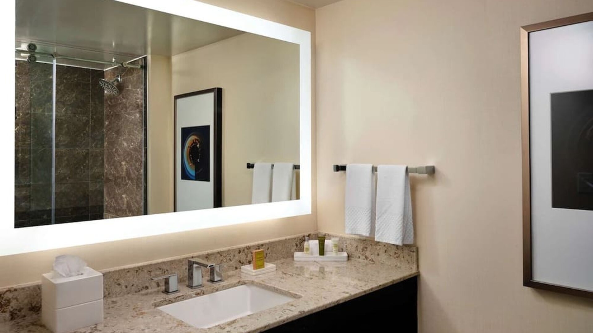 Guest bathroom at Hilton Atlanta Airport.