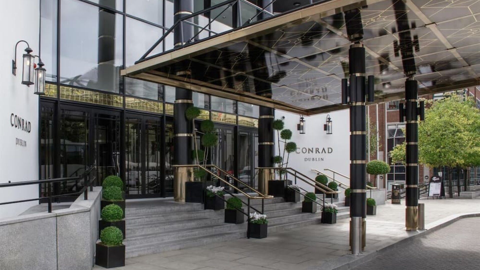 Hotel entrance at Conrad Dublin.