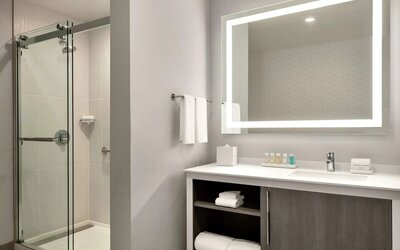 Guest bathroom at Embassy Suites By Hilton Atlanta Midtown.