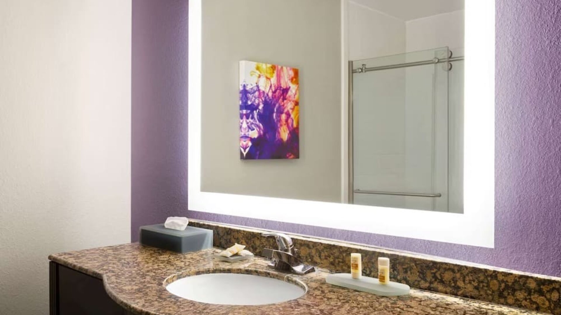 Guest bathroom at La Quinta Inn & Suites By Wyndham Lackawanna.