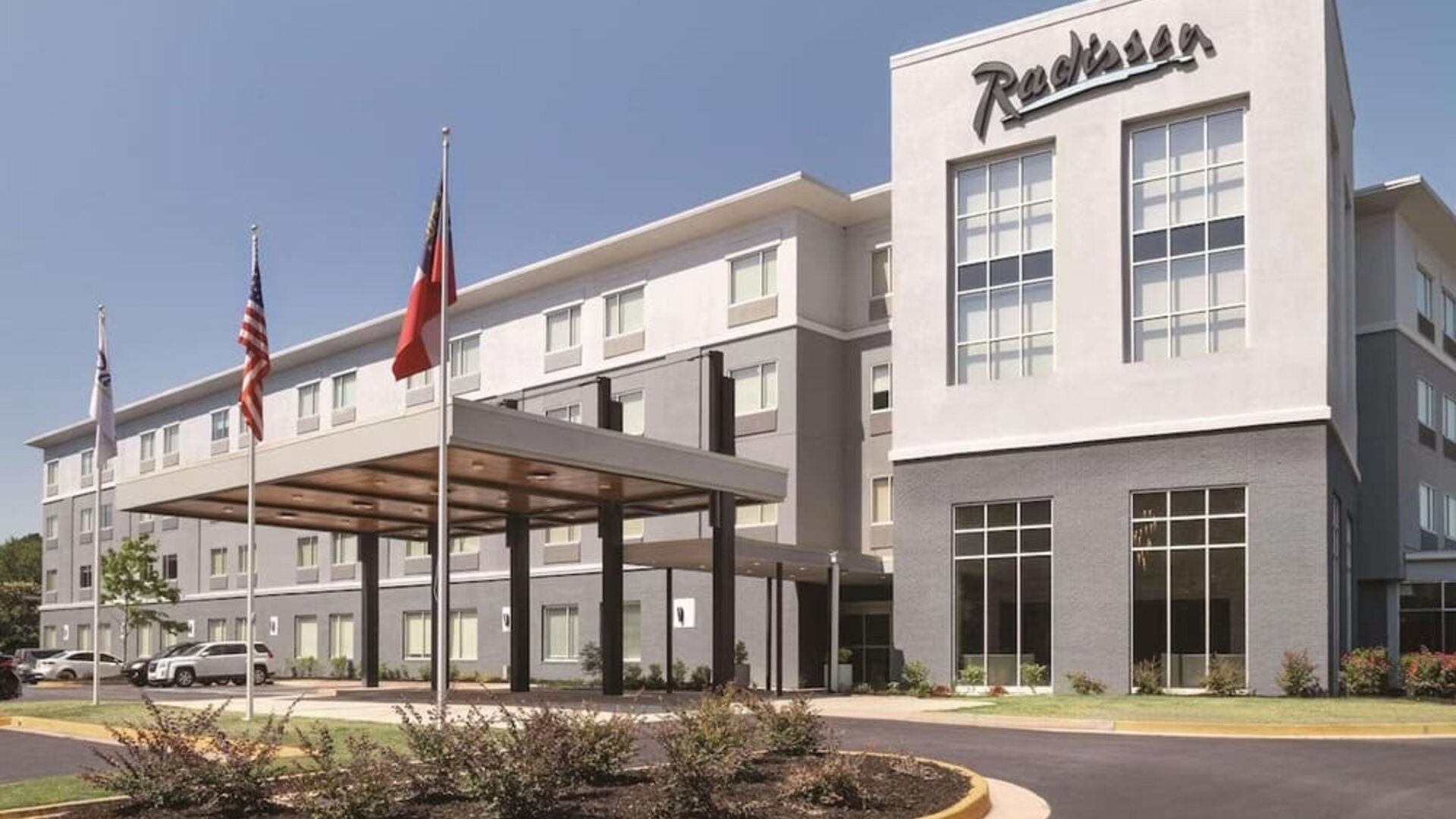 Hotel exterior at Radisson Hotel Atlanta Airport.