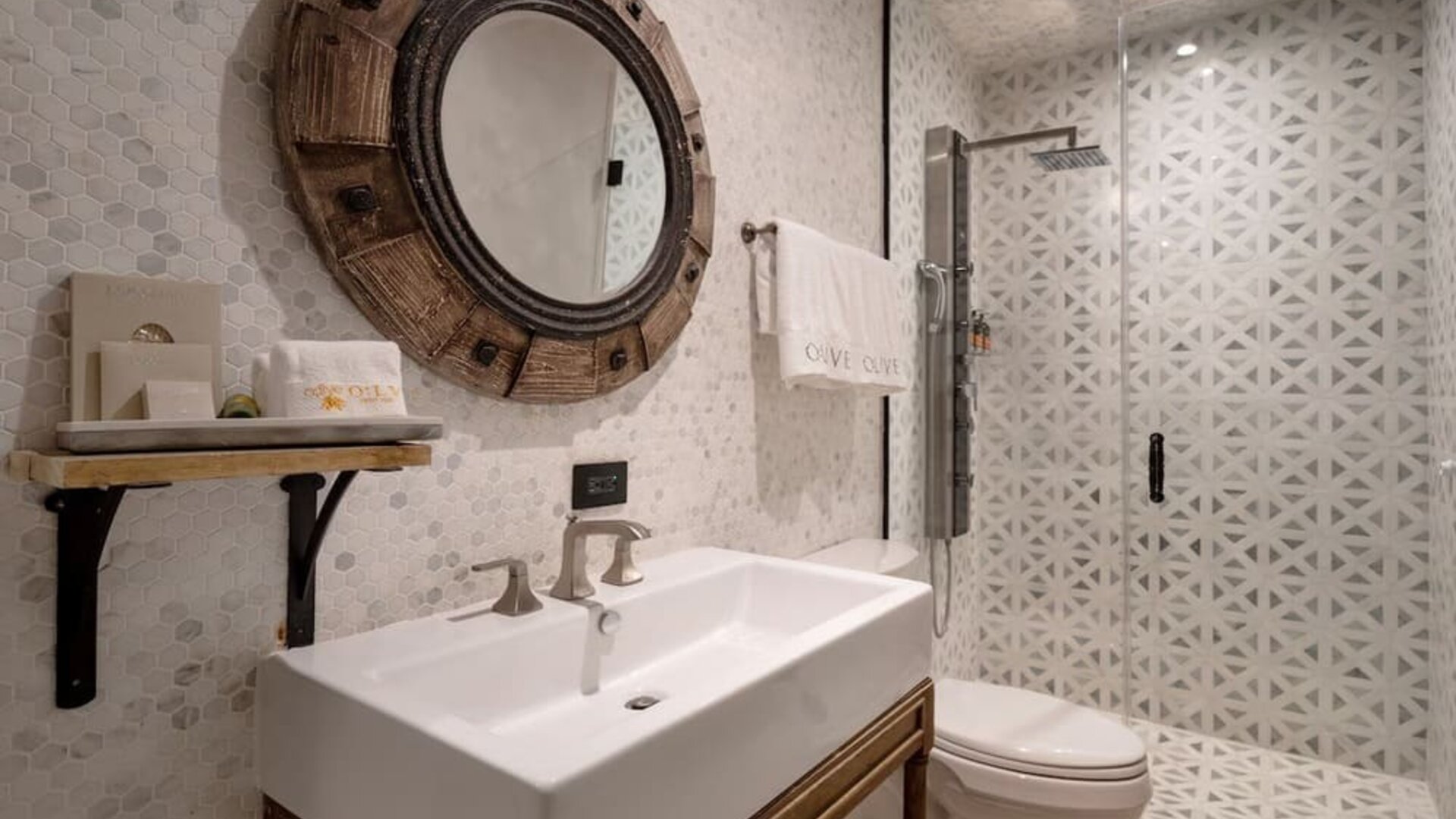 Guest bathroom at Olive Boutique Hotel.