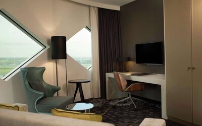 Work desk inside day use room at Hilton Amsterdam Airport Schiphol.