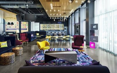 Lobby and coworking lounge at Aloft SFO.