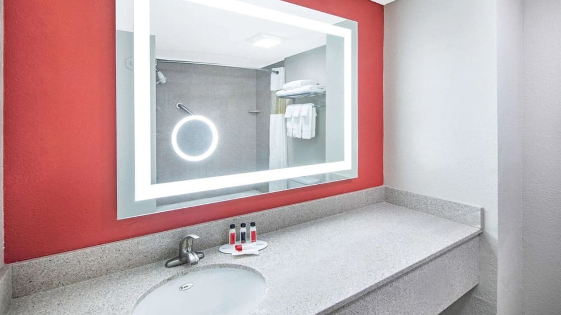 Guest bathroom at Ramada By Wyndham Alpharetta/Atlanta North.