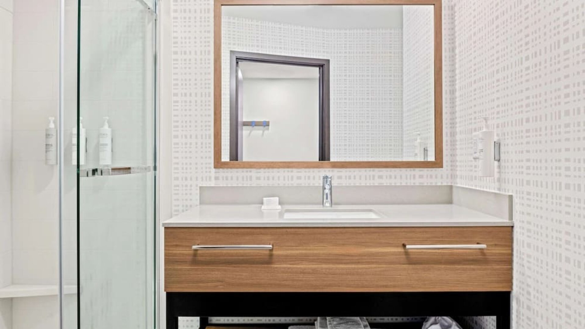 Guest bathroom at Hampton Inn By Hilton Costa Mesa Newport Beach.