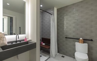 Bathroom at at Moxy NYC Downtown.
