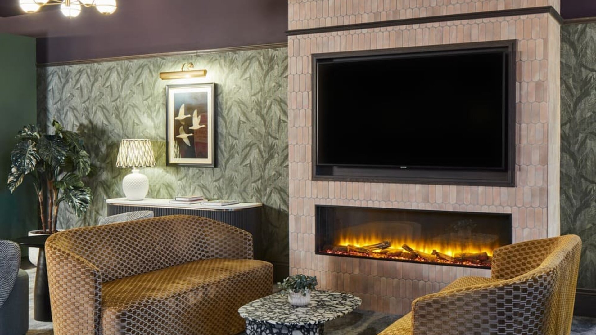 Lobby and fireplace at Leonardo Hotel Dublin Parnell Street.