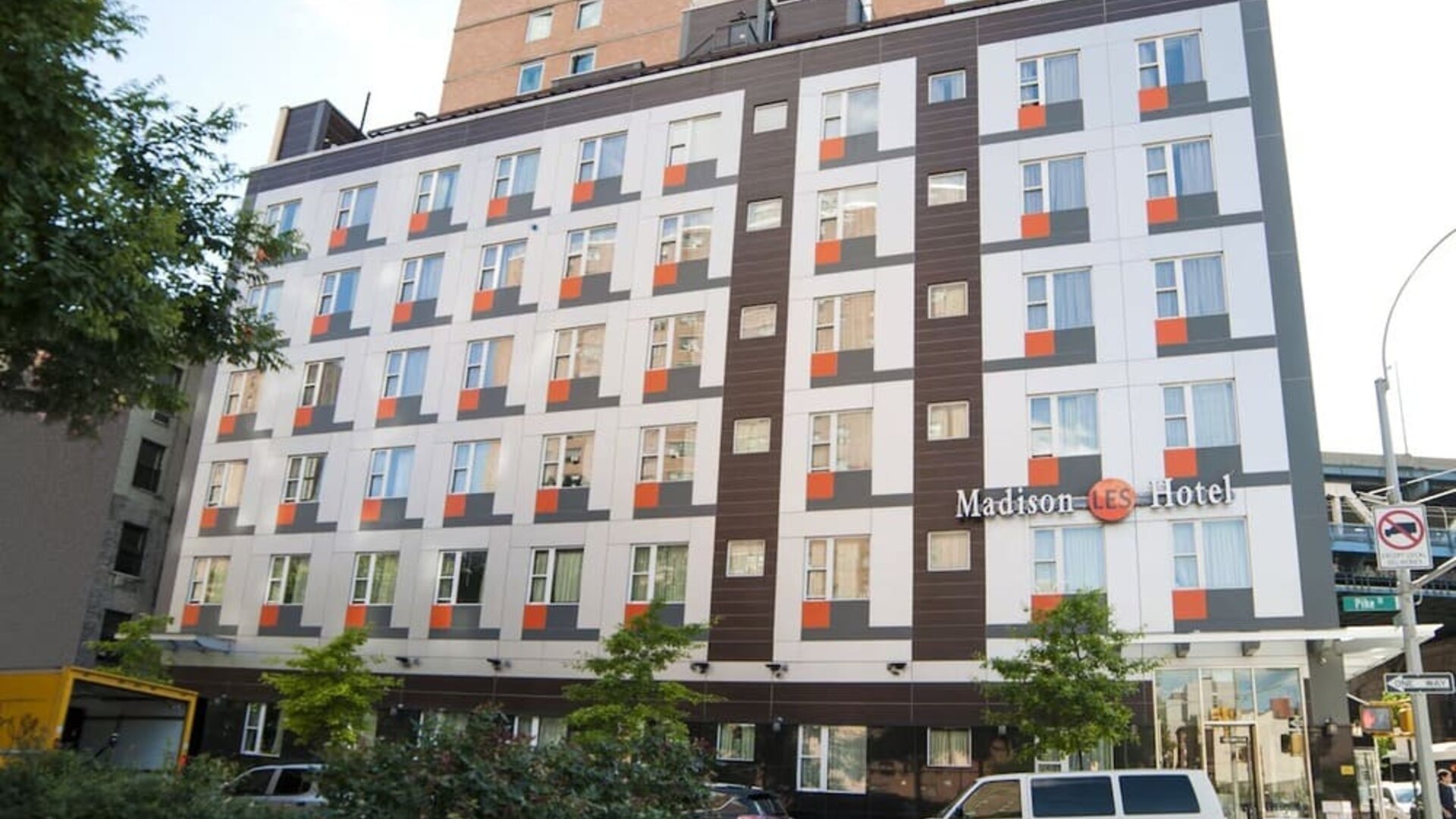 Exterior of Madison LES Hotel in the vibrant Lower East Side of New York City.