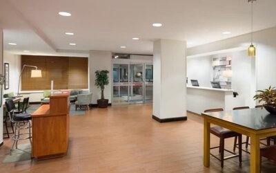 Reception area with comfortable seating at the Holiday Inn Express Times Square.