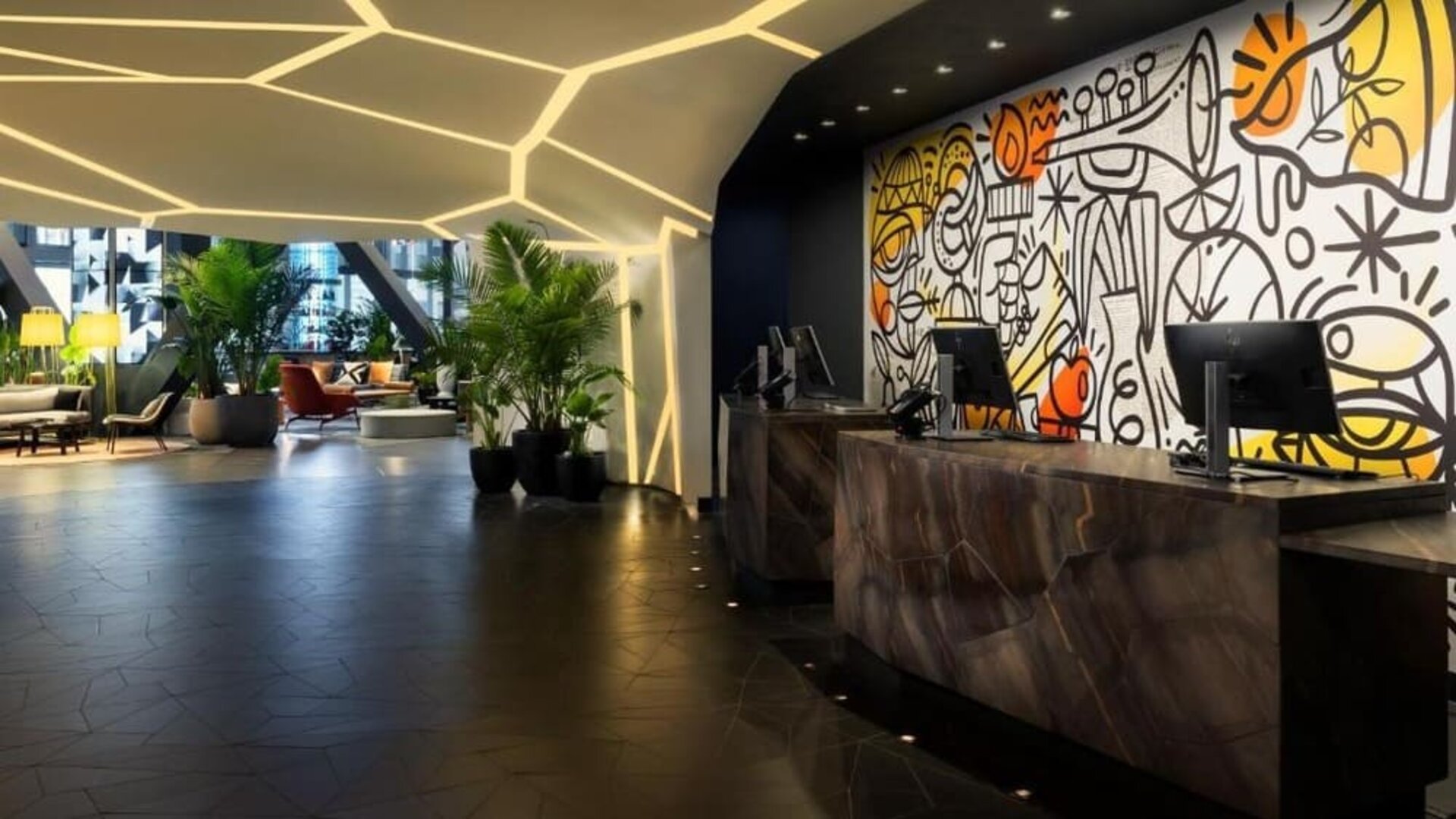 Modern and welcoming reception at M Social Hotel Times Square.