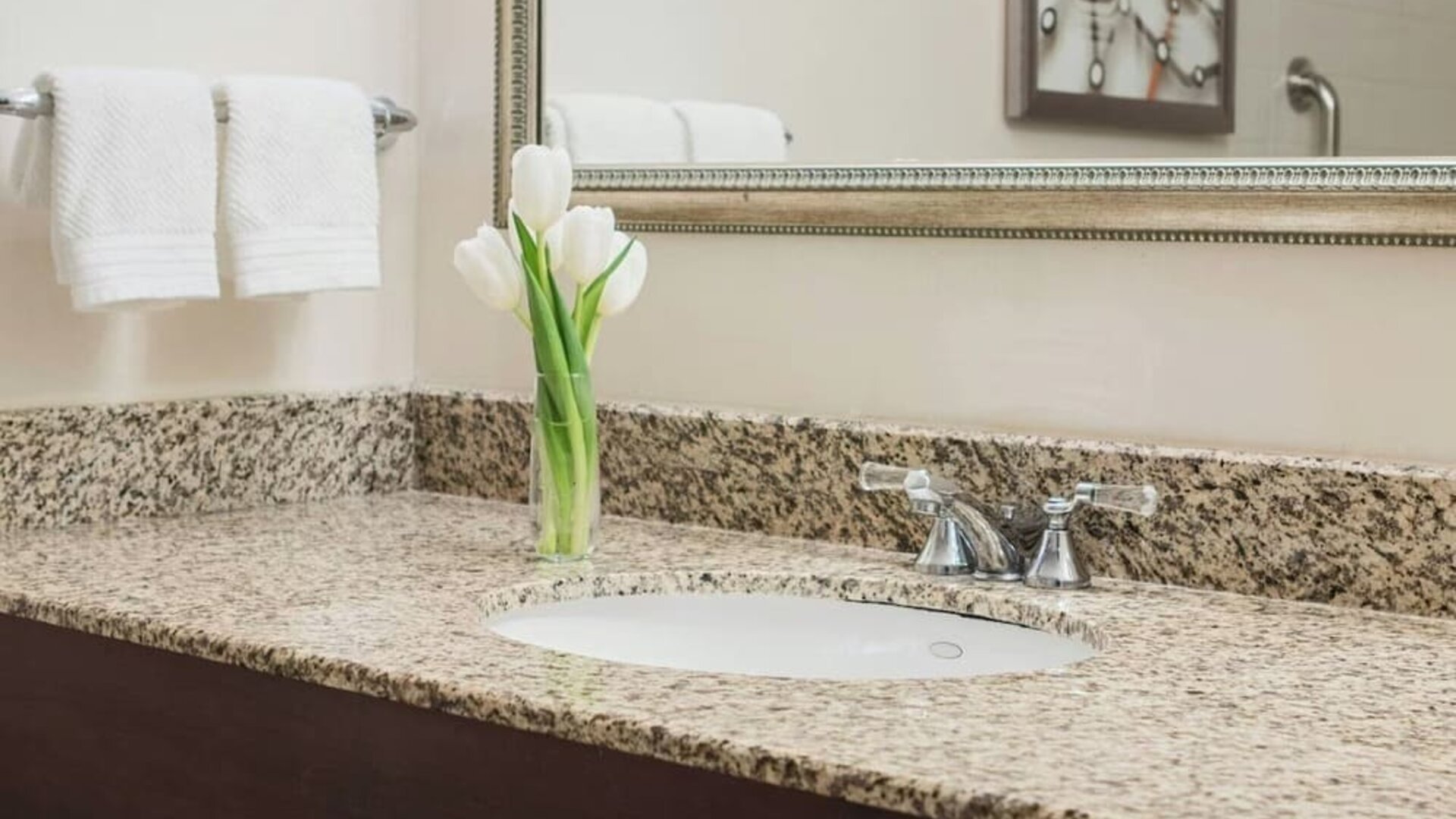 Bathroom vanity with granite countertop, framed mirror, sink, and fresh flowers at Renaissance Newark Airport Hotel.