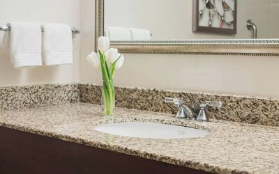 Bathroom vanity with granite countertop, framed mirror, sink, and fresh flowers at Renaissance Newark Airport Hotel.
