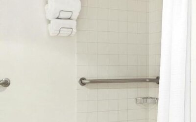 Bathroom with tiled walk-in shower, grab bar, mounted towels, and curtain at Renaissance Newark Airport Hotel.