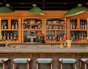 Bar with wooden shelving, green leaf pendant lights, and a wide counter lined with stools at Romer House Waikiki.