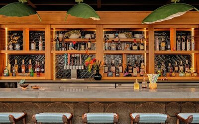 Bar with wooden shelving, green leaf pendant lights, and a wide counter lined with stools at Romer House Waikiki.
