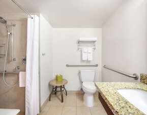 Accessible bathroom with walk-in shower, grab bars, toilet, and granite vanity at Park Shore Waikiki.