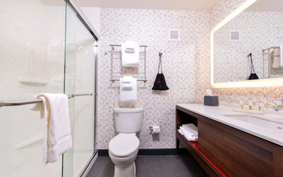 Bathroom with walk-in shower, toilet, towels, and illuminated mirror at Holiday Inn & Suites Farmington Hills - Detroit NW By IHG.