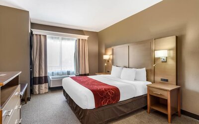 King bedroom with bedside tables, lamps, and window with curtains and air conditioning unit at Comfort Suites Bush Intercontinental Airport.