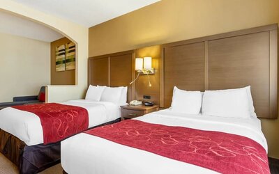 Day room with two beds, shared nightstand, and wall-mounted reading lights at Comfort Suites Bush Intercontinental Airport.