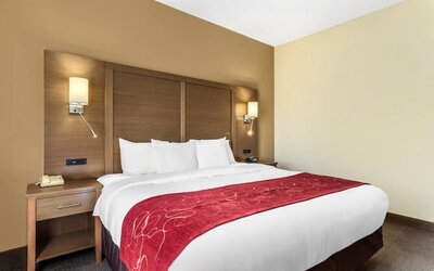 Bed with red runner, wooden headboard, bedside tables, and wall-mounted lights at Comfort Suites Bush Intercontinental Airport.