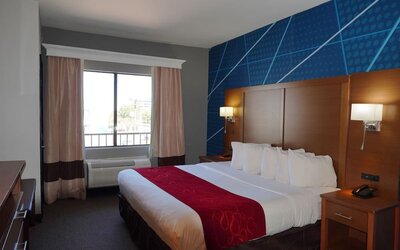 Day room with accent wall, bedside lighting, and window with curtains and air conditioning unit at Comfort Suites Bush Intercontinental Airport.