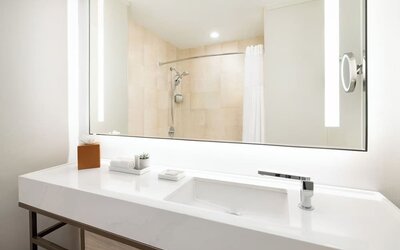 Modern bathroom with large mirror, vanity sink, walk-in shower, and neatly arranged amenities at M Social New York Downtown.