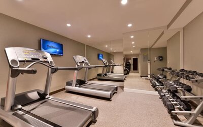 Fitness facility with treadmills, free weights, and mirrored walls at Holiday Inn New York City - Times Square By IHG.