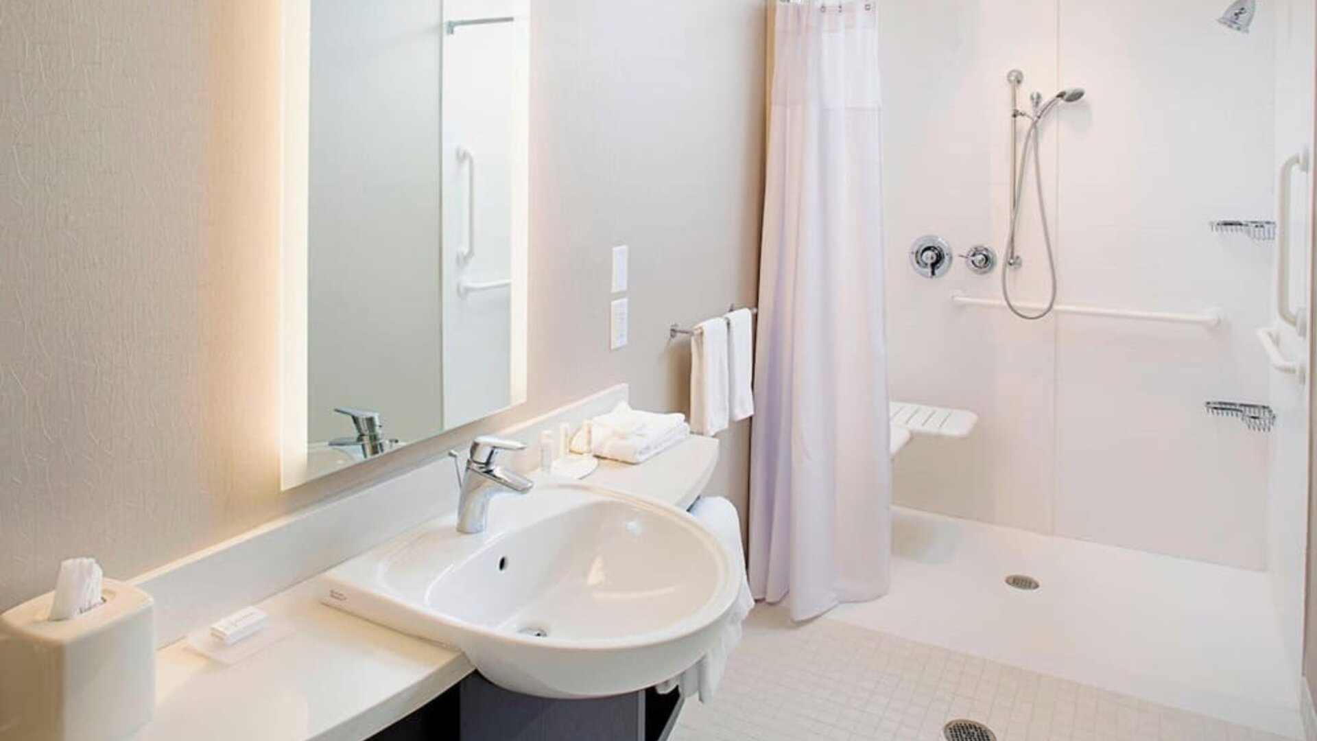 Accessible bathroom with walk-in shower, sink, mirror, and support rails at Springhill Suites Carle Place.