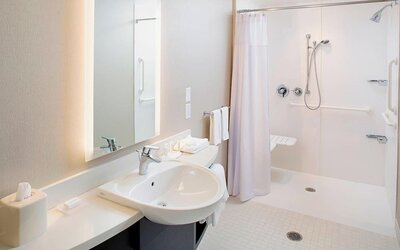 Accessible bathroom with walk-in shower, sink, mirror, and support rails at Springhill Suites Carle Place.