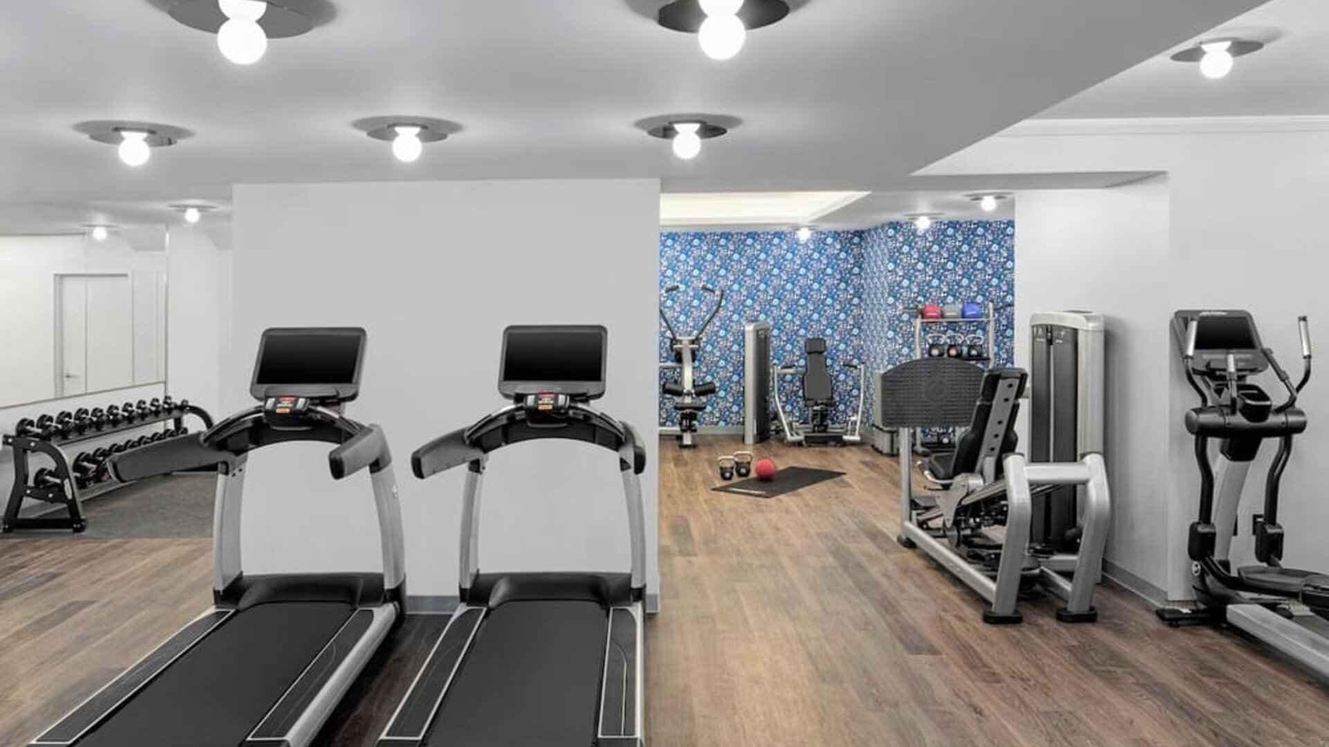 Fitness center with treadmills, weight machines, and free weights at Le Méridien New York, Central Park.
