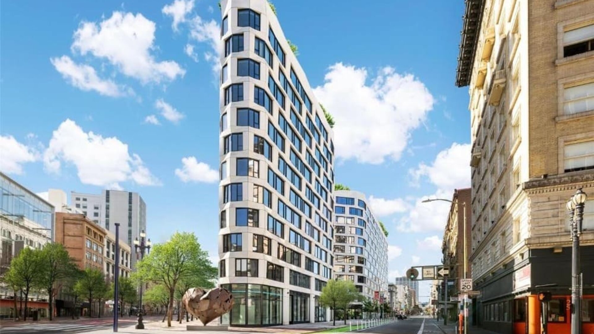 Contemporary exterior of the hotel building on a city street with surrounding architecture at Timbri Hotel San Francisco, Curio Collection By Hilton