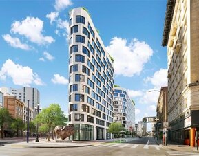 Contemporary exterior of the hotel building on a city street with surrounding architecture at Timbri Hotel San Francisco, Curio Collection By Hilton