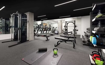 Fully equipped fitness center with weights, benches, and cardio machines at Timbri Hotel San Francisco, Curio Collection By Hilton.