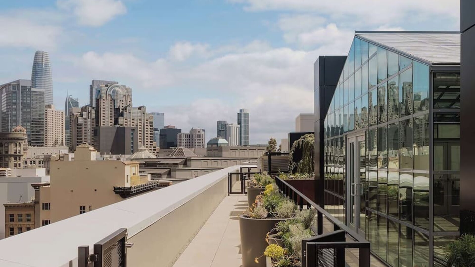 Rooftop terrace with planters, seating, and panoramic city views at Timbri Hotel San Francisco, Curio Collection By Hilton.