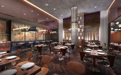 Restaurant interior with contemporary design, warm lighting, and spacious seating at Hotel Hendricks.